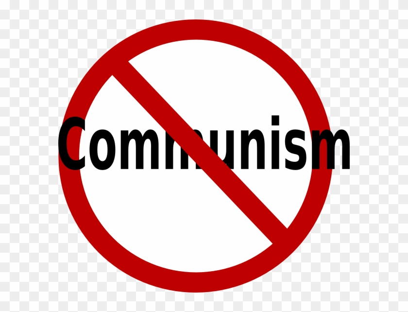 A red circle with a diagonal line through the word "Communism" on a transparent background.