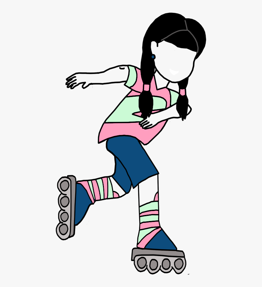 Cartoon girl with pigtails rollerblading in colorful outfit and striped socks.