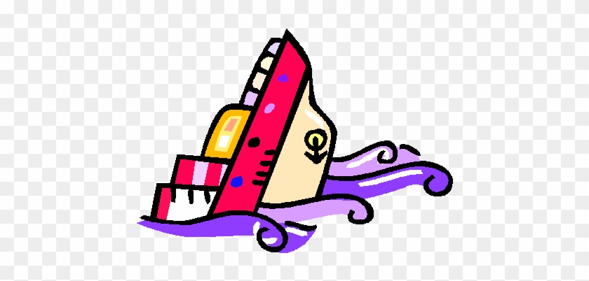 A colorful cartoon-style ship tilting dramatically in purple waves, with red hull, yellow cabin, and playful details.