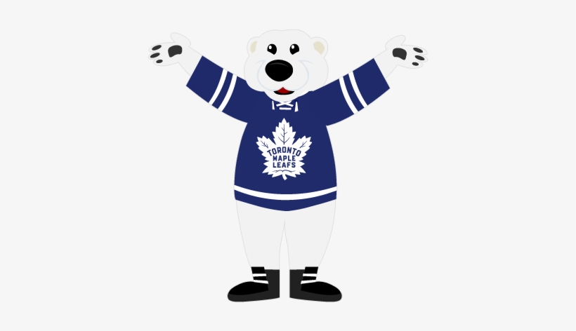 A cheerful polar bear mascot wearing a Toronto Maple Leafs hockey jersey with arms raised in celebration.