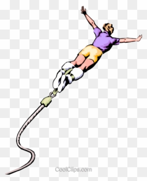Person bungee jumping with elastic cord, arms outstretched, wearing purple shirt and yellow shorts.