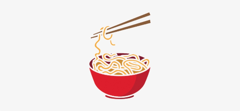 Red bowl of steaming noodles lifted by chopsticks, stylized illustration.