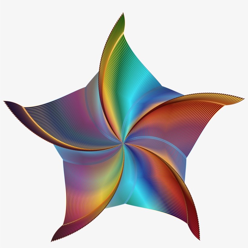 Vibrant five-petaled abstract star with rainbow gradient and fine line texture on white background.