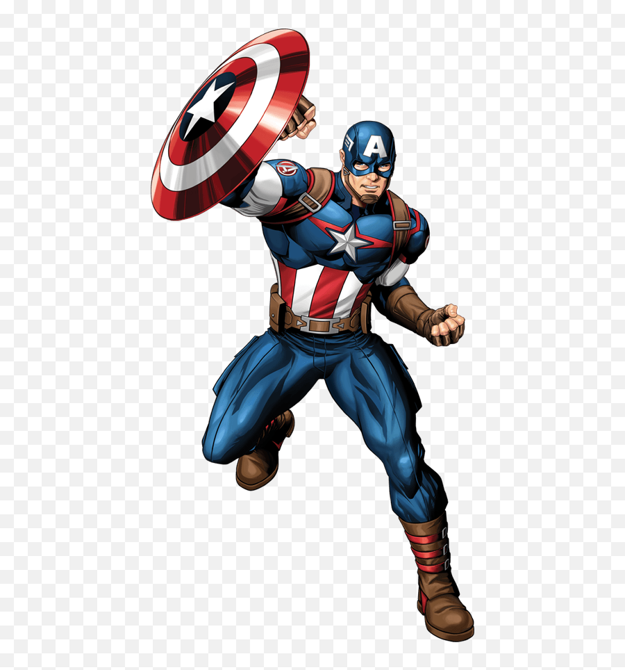 Captain America in classic suit, leaping forward with shield raised, ready for action.