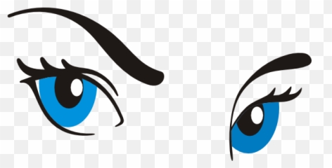 Stylized illustration of two expressive blue eyes with bold black eyeliner and arched eyebrows on transparent background.