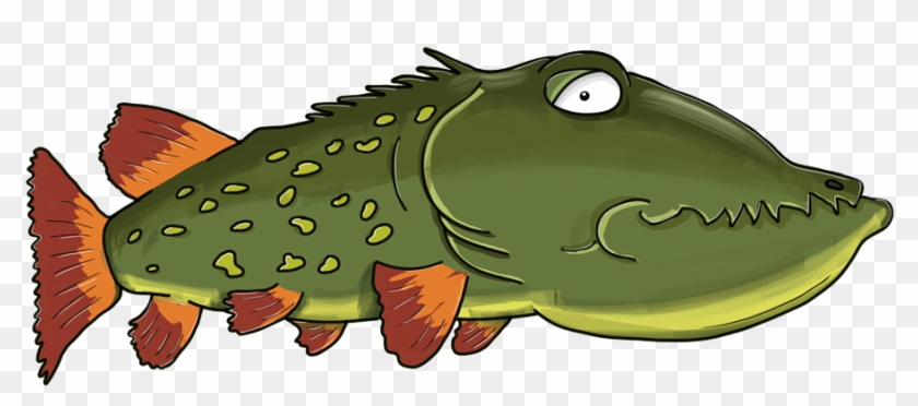 Cartoon illustration of a green spotted fish with orange fins and sharp teeth, stylized with expressive eyes and spiky dorsal fin.