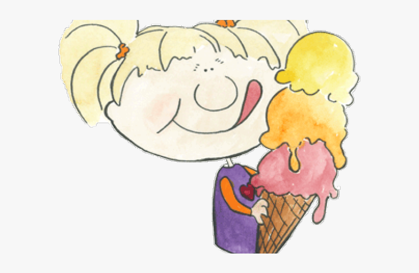 A cheerful cartoon girl with blonde pigtails happily eating a three-scoop ice cream cone (pink, orange, yellow) in watercolor style.