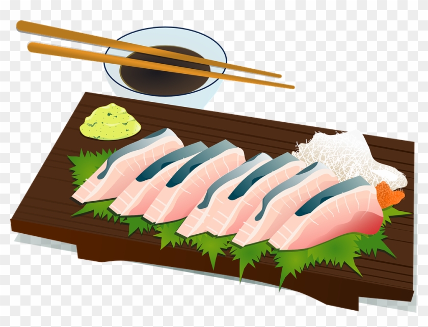 Sashimi platter with fresh fish slices, wasabi, ginger, soy sauce, and chopsticks on a wooden board.