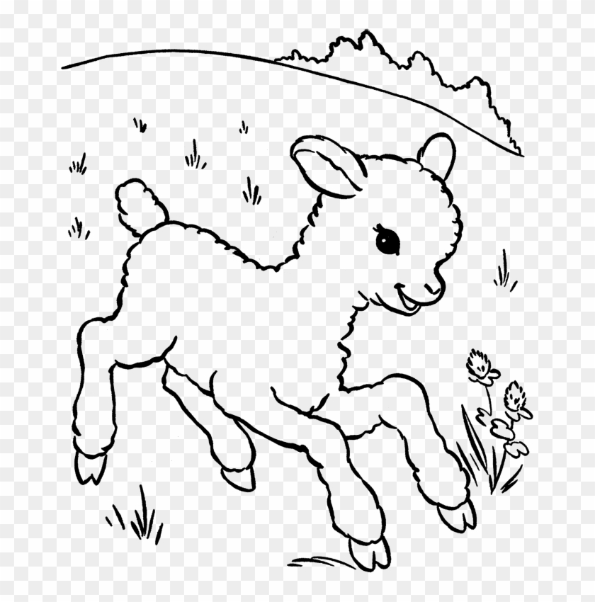 A playful cartoon lamb leaping through a grassy field with flowers and hills in the background, black-and-white line art.