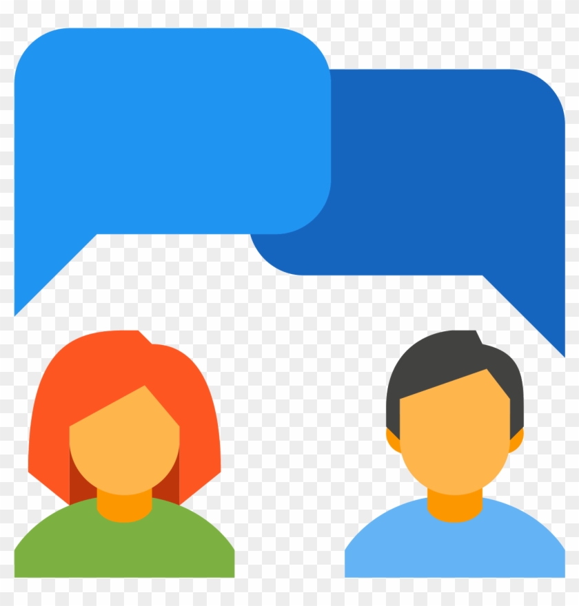 Two stylized avatars-a woman with red hair and a man with black hair-each with blue speech bubbles above, symbolizing conversation or messaging.