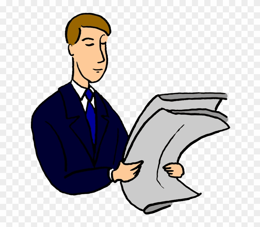 Businessman in suit reading a newspaper, cartoon illustration on transparent background.