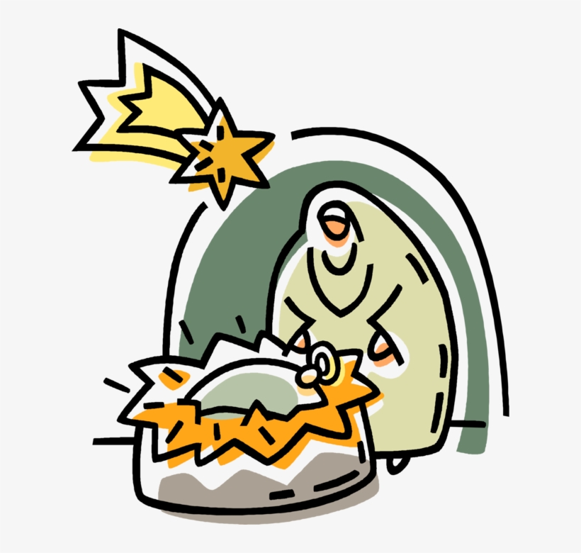 A stylized nativity scene with Mary, baby Jesus in a manger, and a bright star overhead.