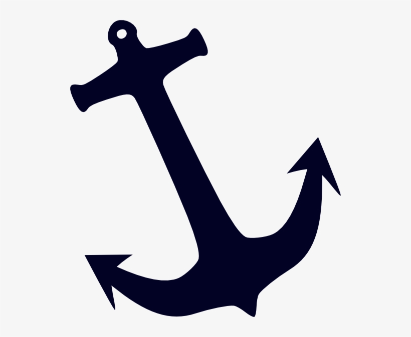 Navy blue anchor silhouette on white background, classic maritime symbol.