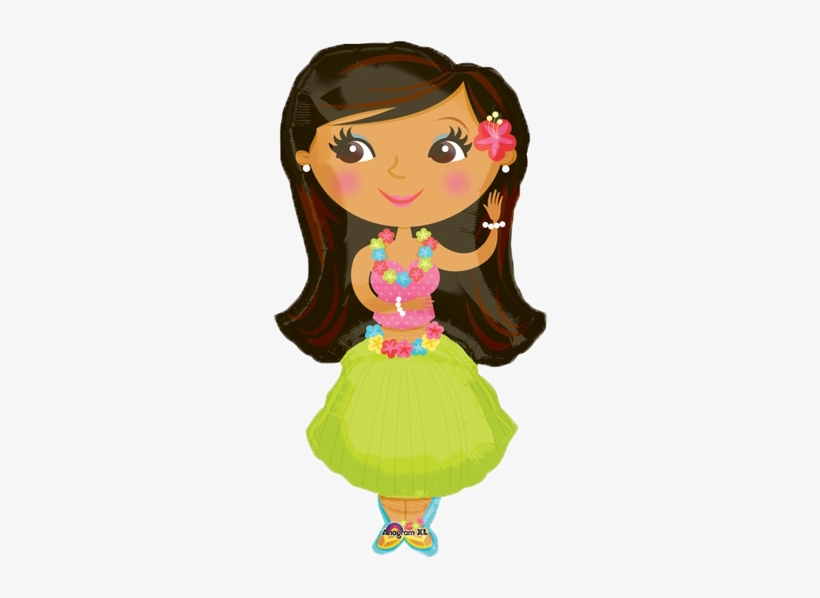 Cartoon girl in hula outfit with flower lei, pink top, green skirt, and floral hair accessory, smiling and waving.
