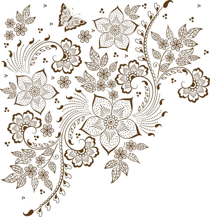 Intricate brown floral henna-style vector illustration with butterflies and swirling vines on white background.