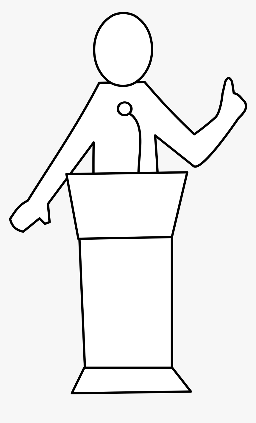 Stick figure speaker giving a presentation at a podium with microphone and raised hand gesture.