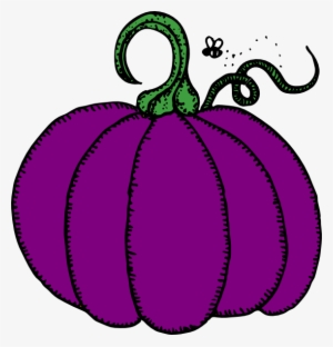 A stylized purple pumpkin with a green curly stem and a small bee hovering nearby, illustrated in bold black outlines.
