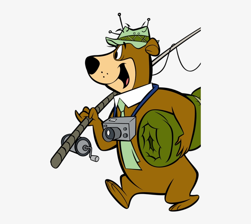 Yogi Bear dressed as an outdoor adventurer with fishing rod, camera, and backpack, smiling cheerfully.