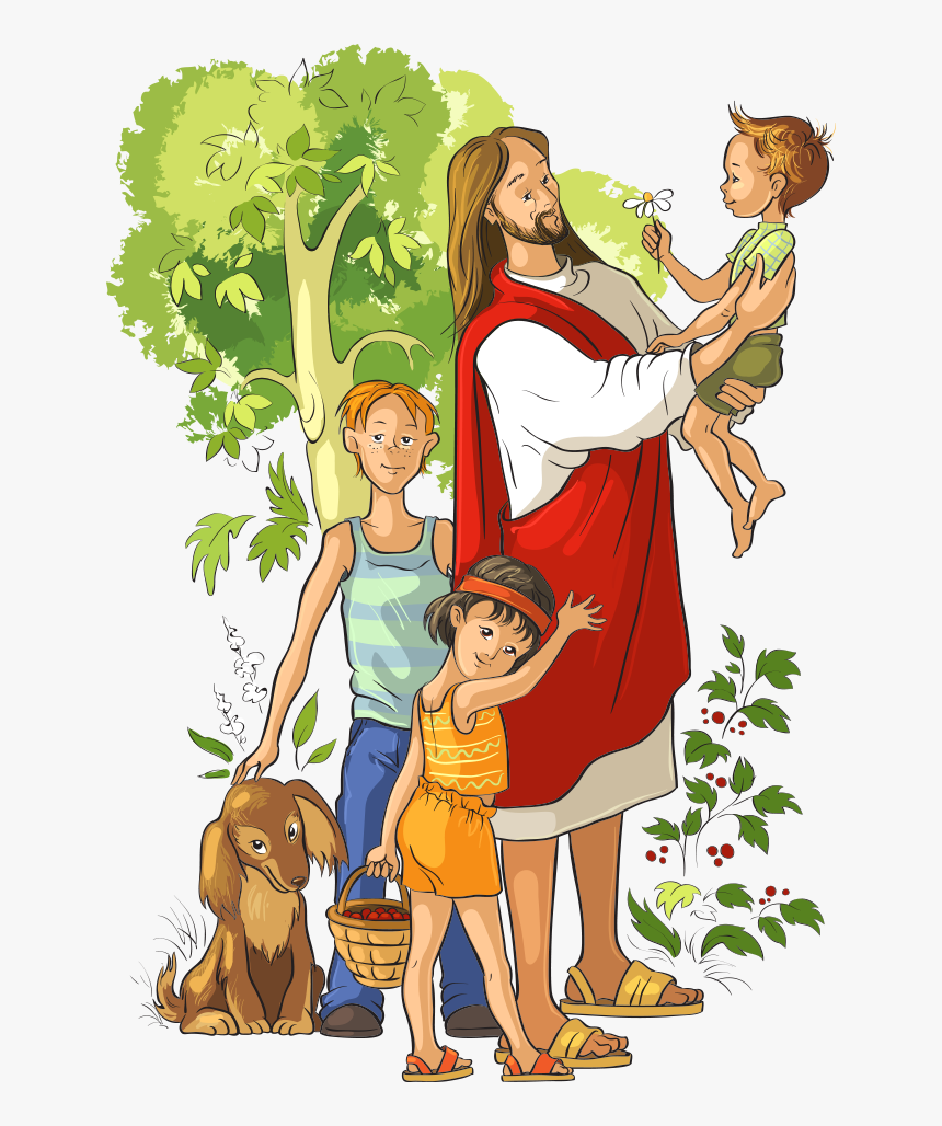 Jesus holding a child, surrounded by three children and a dog in a peaceful garden setting.