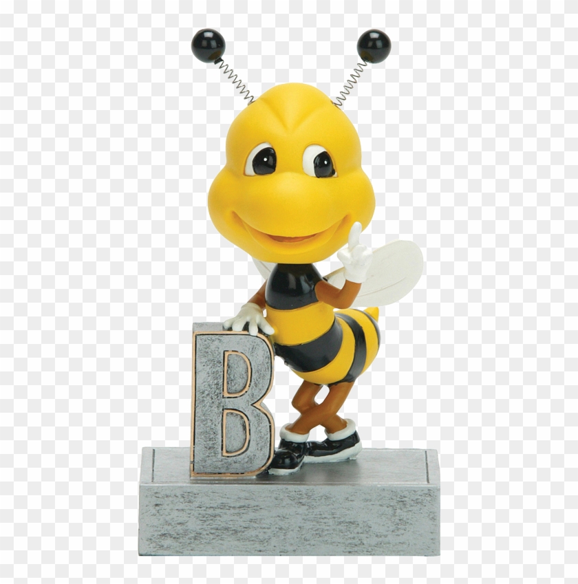 Cheerful cartoon bee figurine with black-and-yellow stripes, white gloves, sneakers, and antennae, posing beside a metallic letter 'B'.