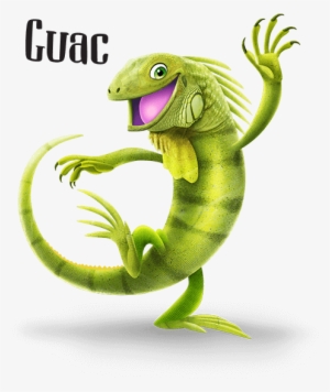 Cheerful green iguana cartoon waving with open mouth, labeled "Guac"