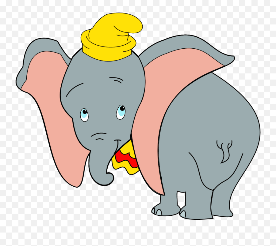 Dumbo the elephant wearing a yellow hat and red-and-yellow scarf, with large pink ears and sad blue eyes.