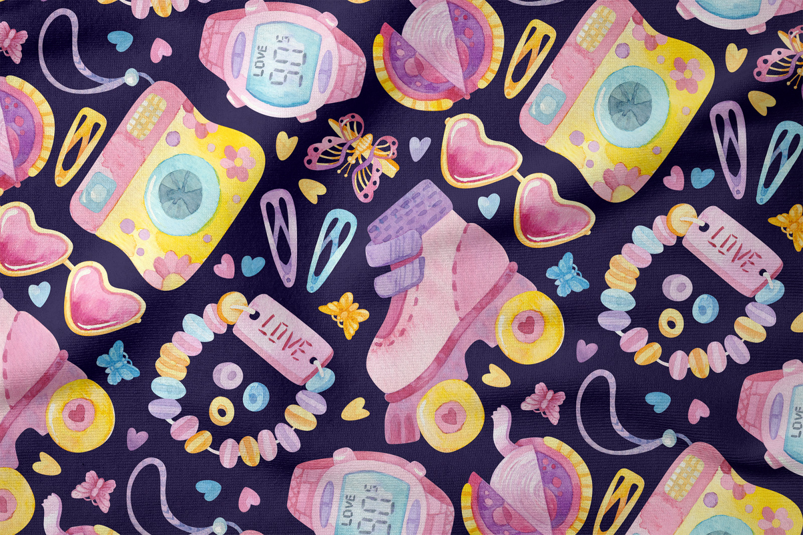 Watercolor pattern of 90s-style pink roller skates, digital watches, cameras, heart charms, butterflies, and beaded bracelets on dark background.