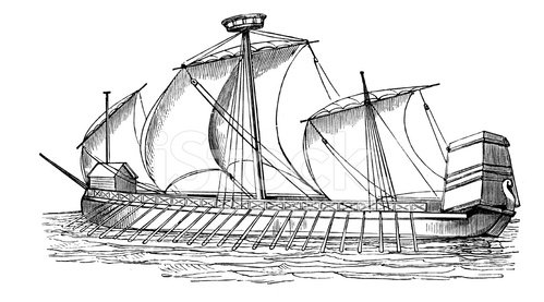 Black-and-white line drawing of a historical multi-masted sailing vessel with oars and lateen sails on calm waters.