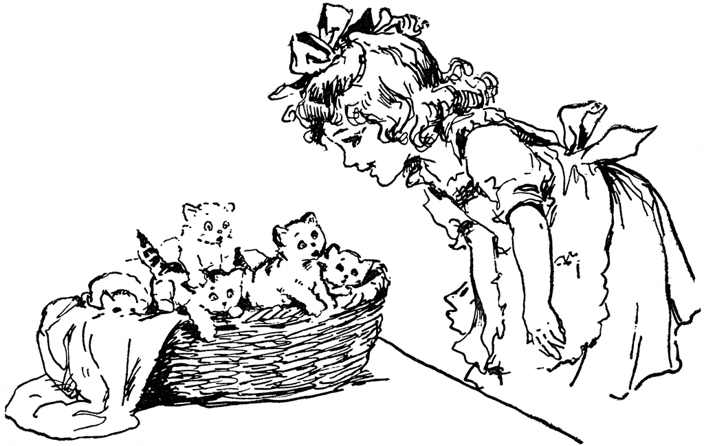 A young girl in a bonnet leans over a wicker basket filled with playful kittens, drawn in vintage black-and-white line art.