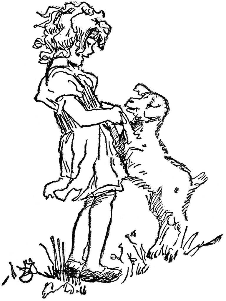 A sketch of a young girl with curly hair playfully interacting with a joyful dog in grassy terrain.