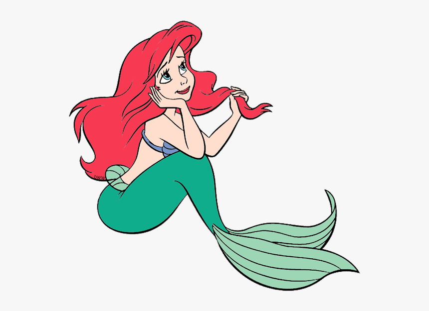 Ariel, the Disney mermaid with red hair and green tail, smiling while holding her hair.