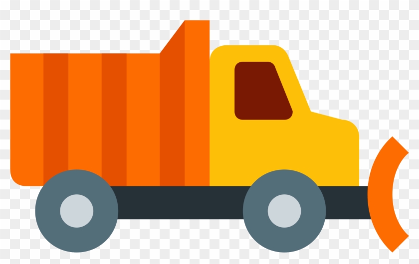 Yellow dump truck with orange cargo bed and front snowplow attachment, flat vector illustration on transparent background.