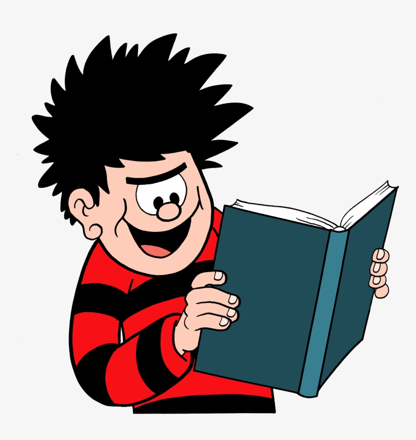 Cartoon boy with spiky black hair and red-black striped shirt reading a blue book with joyful expression.