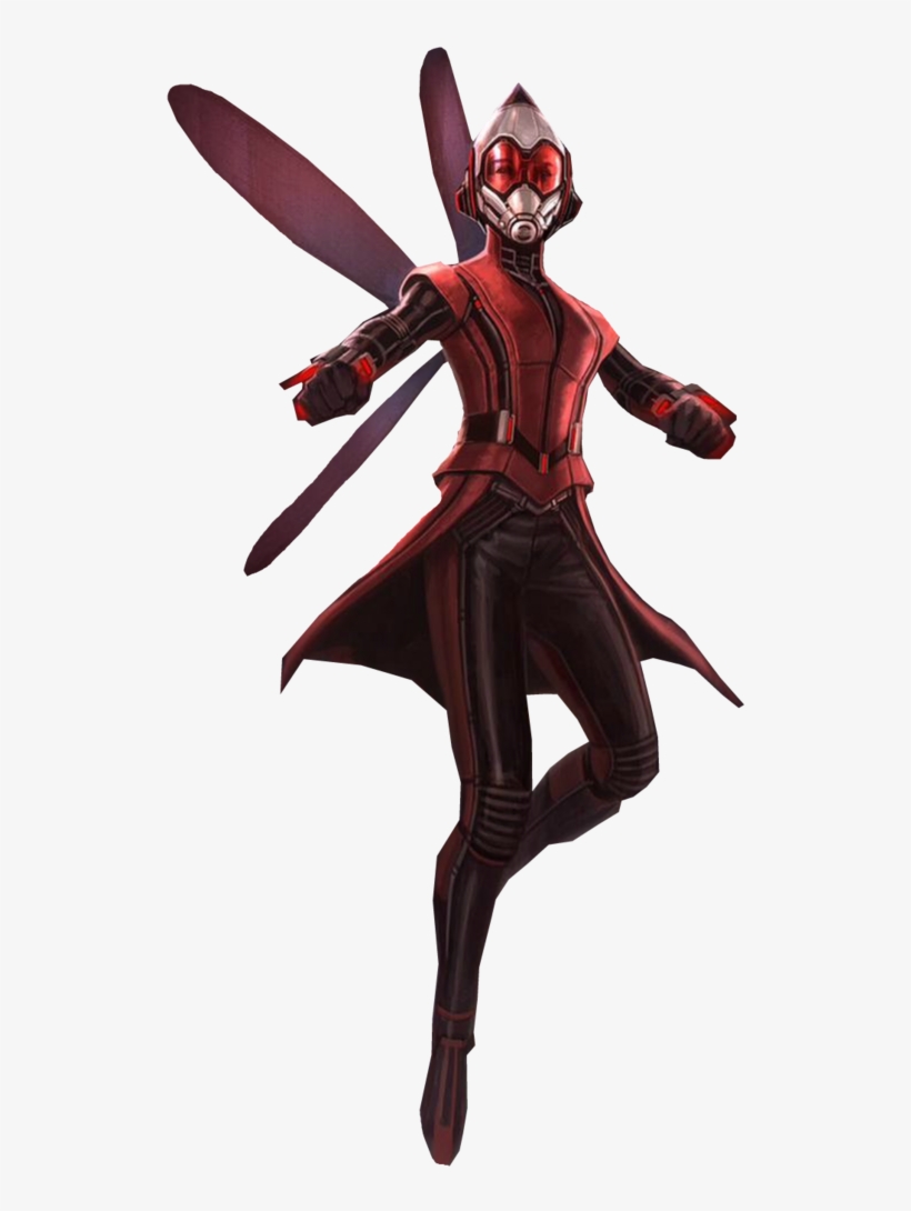 Wasp in red and black suit with translucent wings, hovering mid-air in dynamic pose.