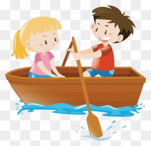 Two smiling children rowing a wooden boat on water, cartoon illustration.