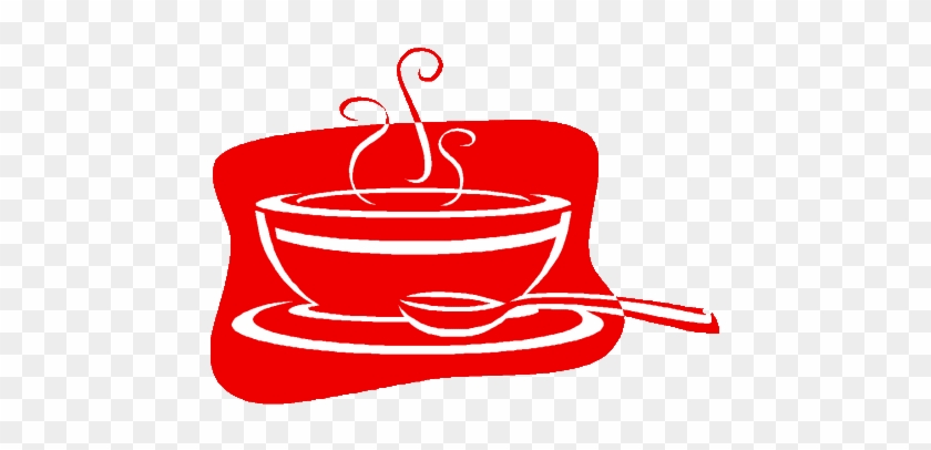 Red stylized icon of a steaming bowl with spoon on saucer, symbolizing hot soup or broth.