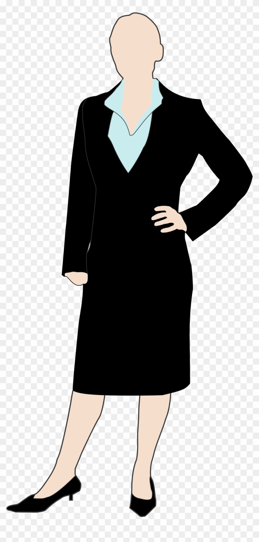 Professional woman in black business suit with light blue blouse and black heels, standing confidently with hand on hip.