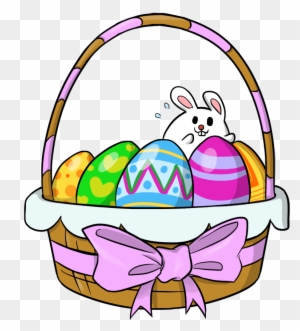 Easter basket with colorful eggs and a cute white bunny peeking out, decorated with a pink bow.