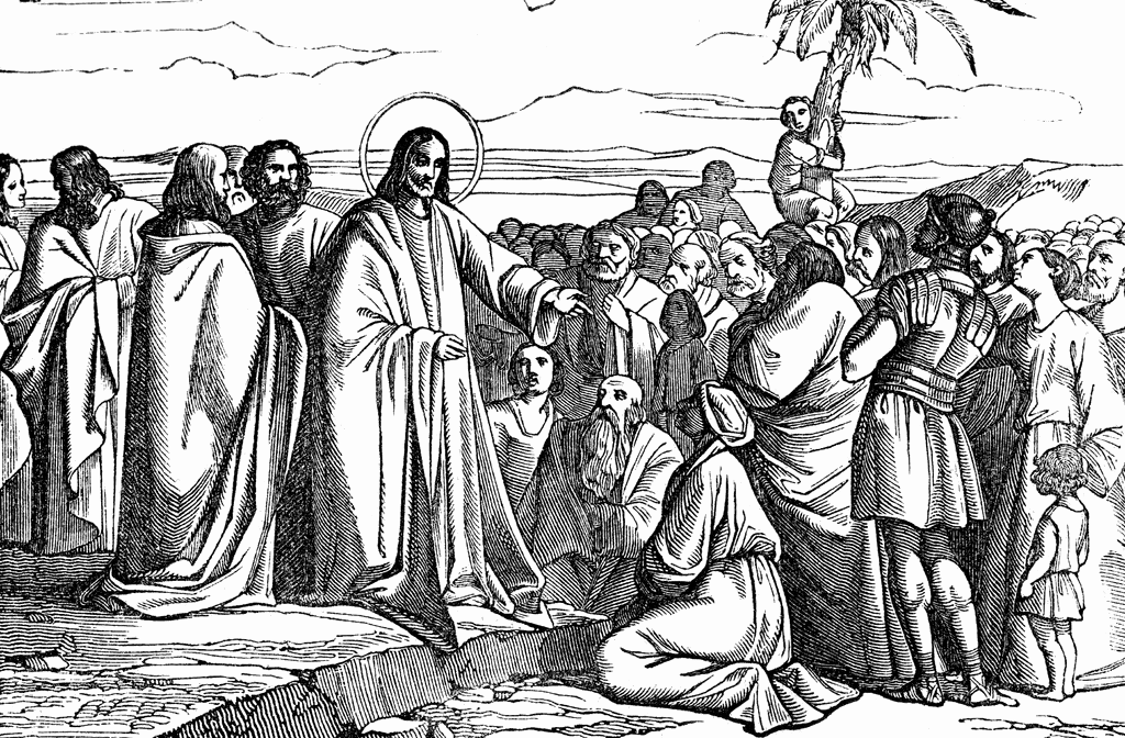 Jesus preaching to a crowd with disciples and onlookers, haloed figure gesturing amid palm trees and mountains.
