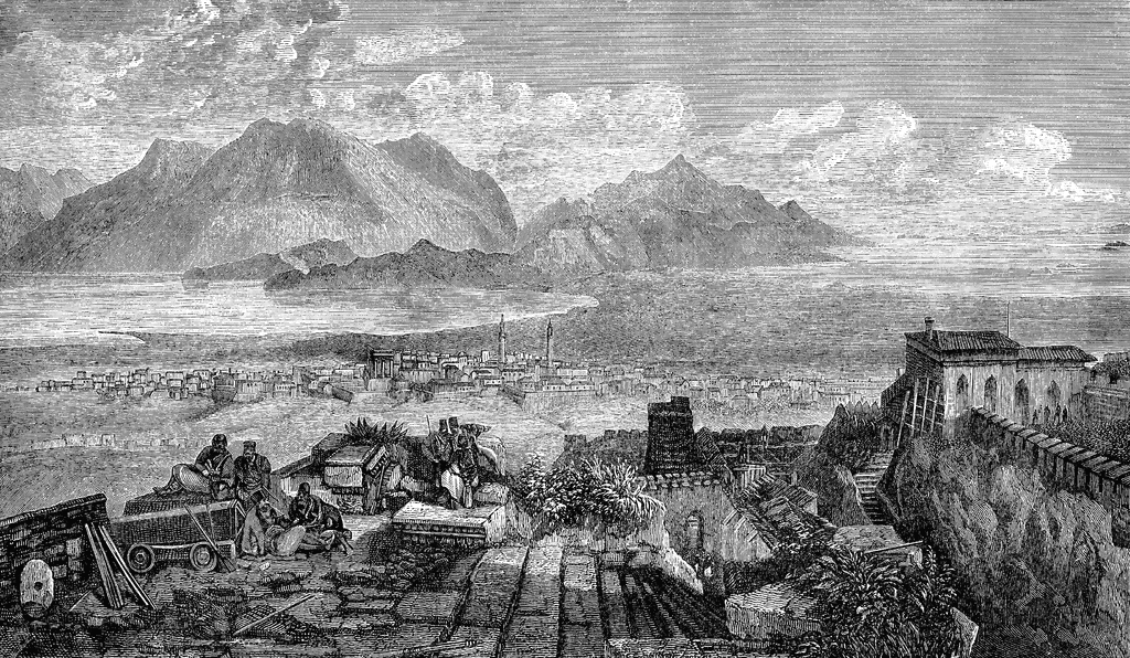 Historical engraving of a coastal city with mountains, harbor, and figures on a rooftop overlooking the scene.