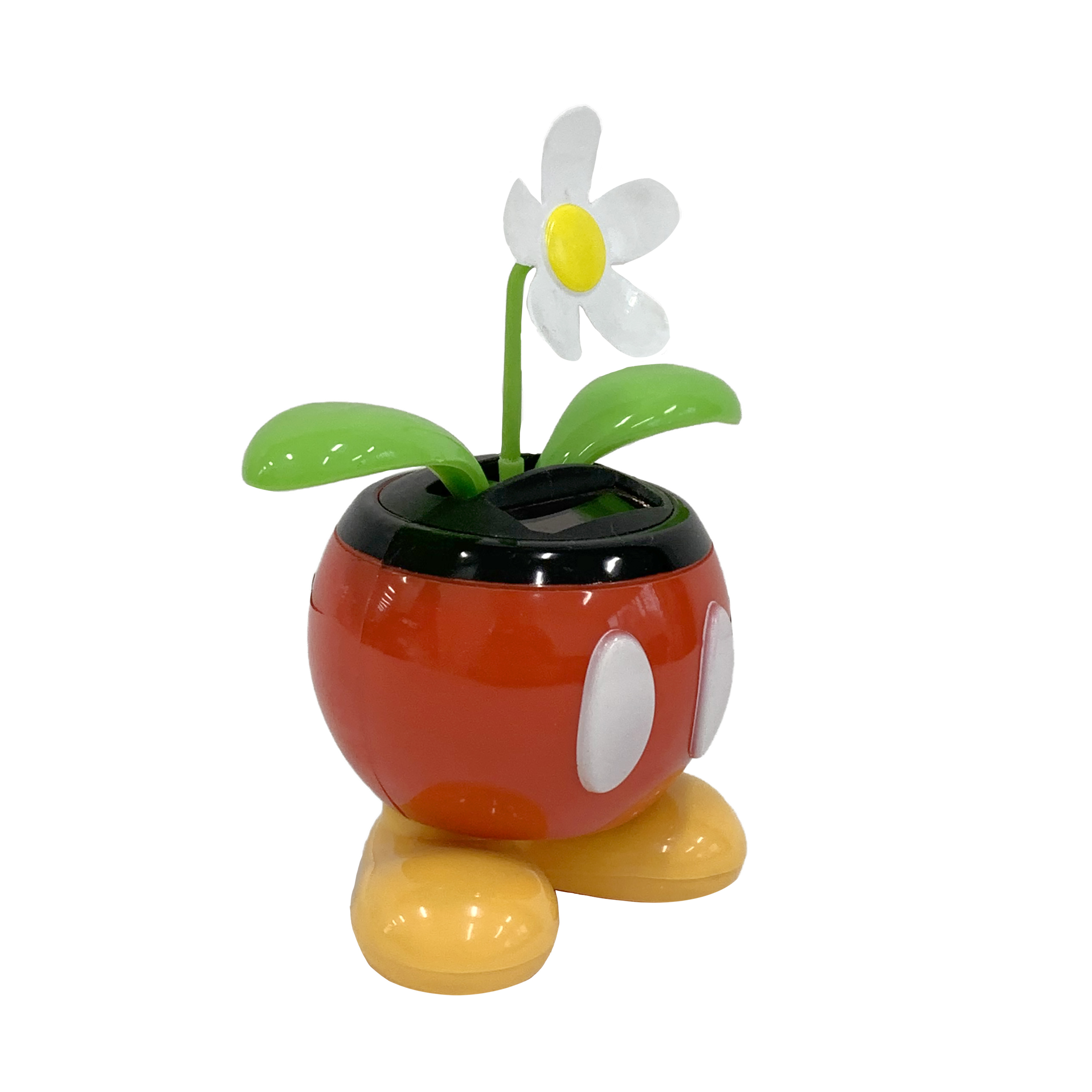 Solar-powered Mickey Mouse-themed dancing daisy toy with red pot, yellow shoes, and white flower.