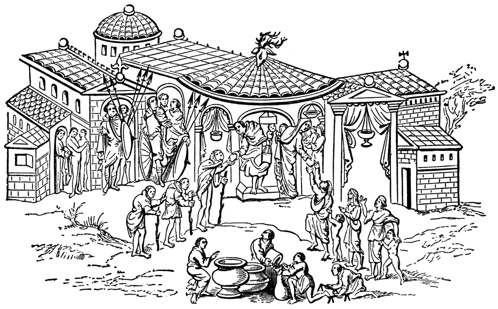 Medieval illustration of a Roman-style temple complex with worshippers, sacrifices, and daily life activities around courtyards and altars.