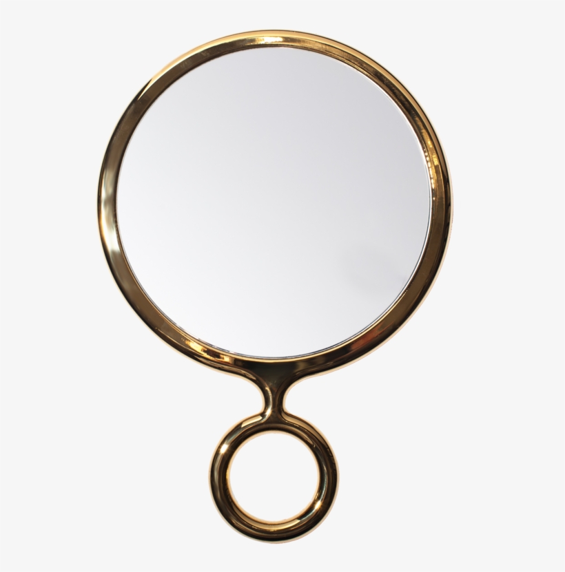 Gold-toned round handheld mirror with elegant ring handle and polished finish.
