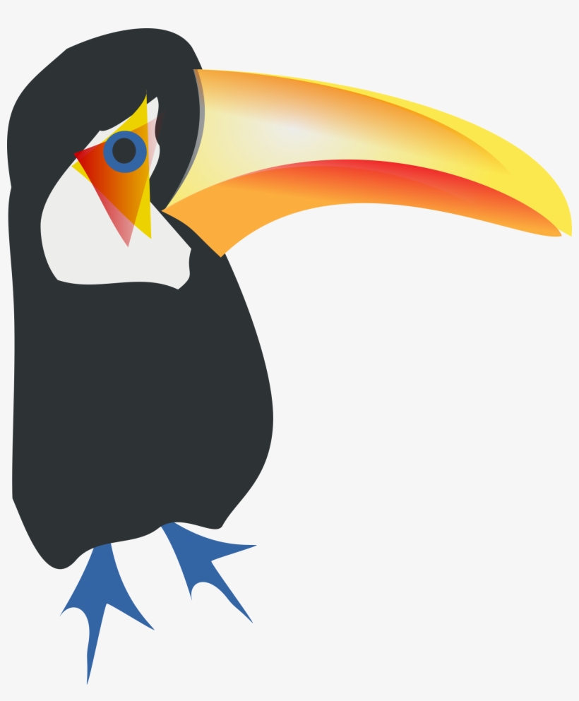 Stylized toucan with black body, vibrant yellow-orange beak, blue feet, and geometric eye design.