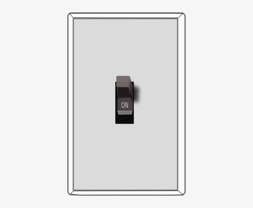 Black toggle light switch labeled "ON" in up position, mounted on a white wall plate.