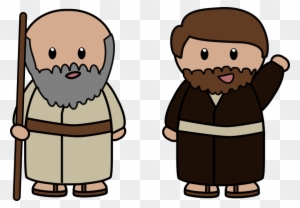 Two cartoon biblical figures: an older bearded man with a staff and a younger man in robes waving.