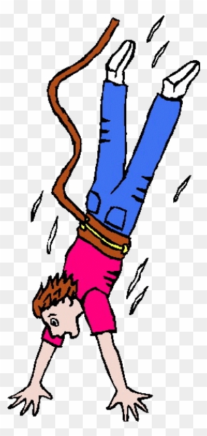 Cartoon of a boy hanging upside down by a rope around his waist, arms outstretched, with motion lines indicating falling or swinging.