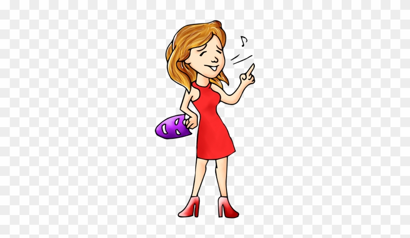 Smiling cartoon woman in red dress singing with musical notes, holding purple clutch.