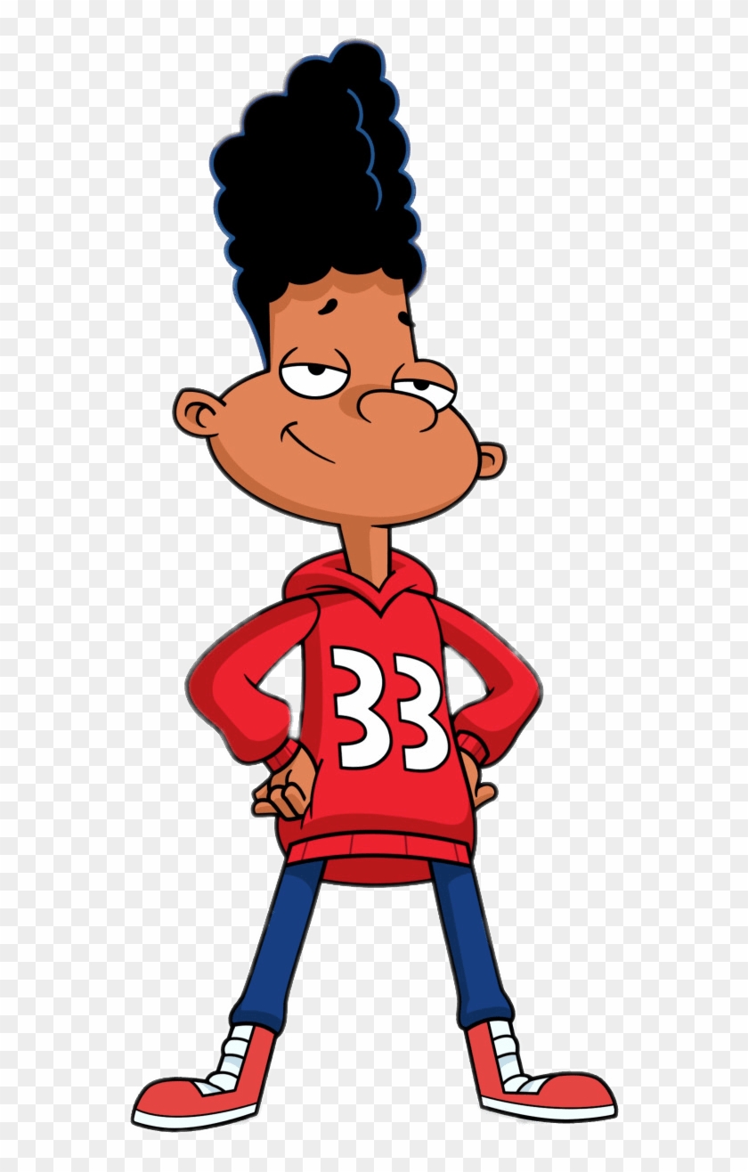 Animated boy with tall afro, wearing red hoodie with "33", blue jeans, and red sneakers, hands on hips, smirking confidently.