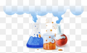 Three laboratory flasks with blue, orange, and red liquids emitting vapor, illustrating a chemical reaction.